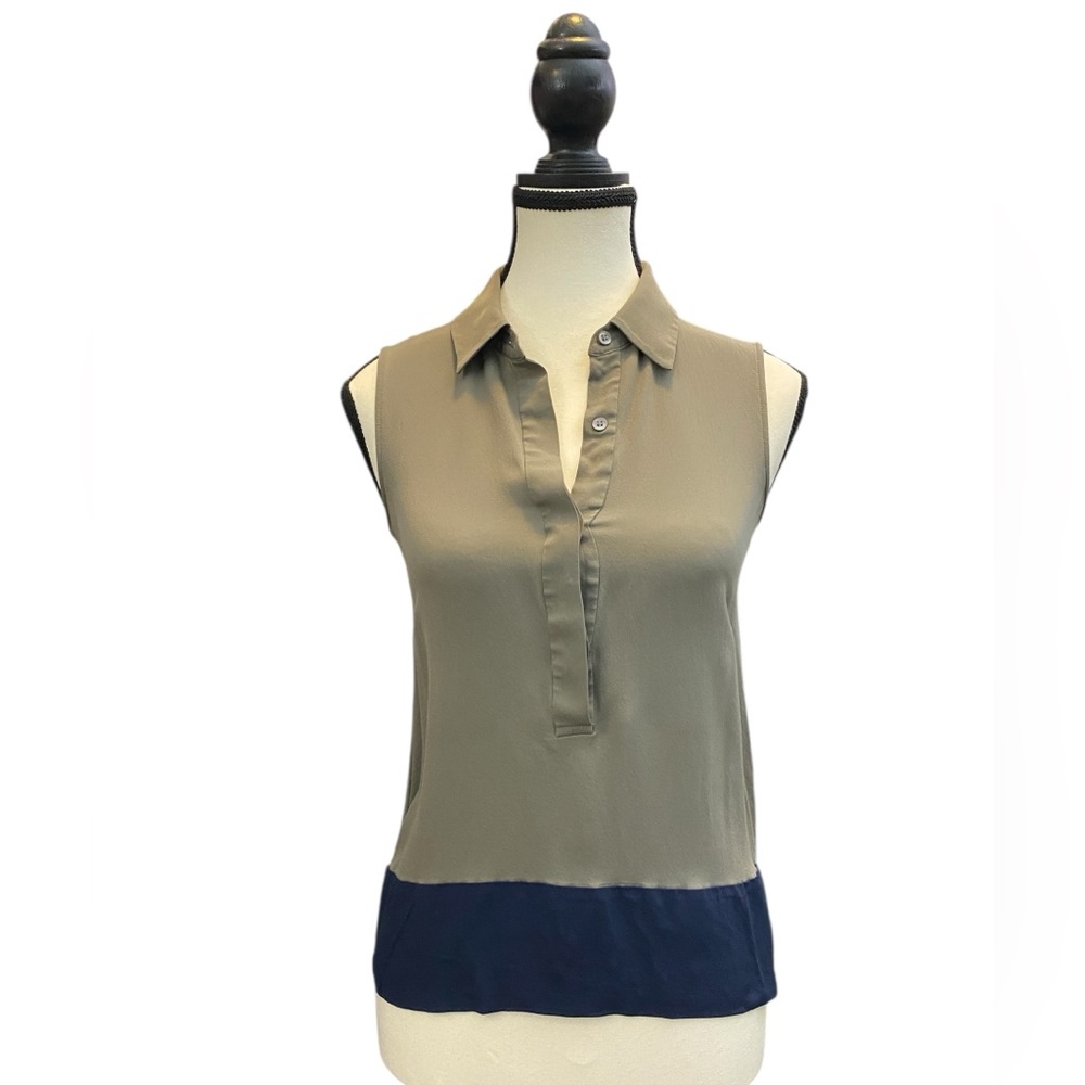 Theory Silk Two-Tone Sleeveless Blouse in Olive and Navy